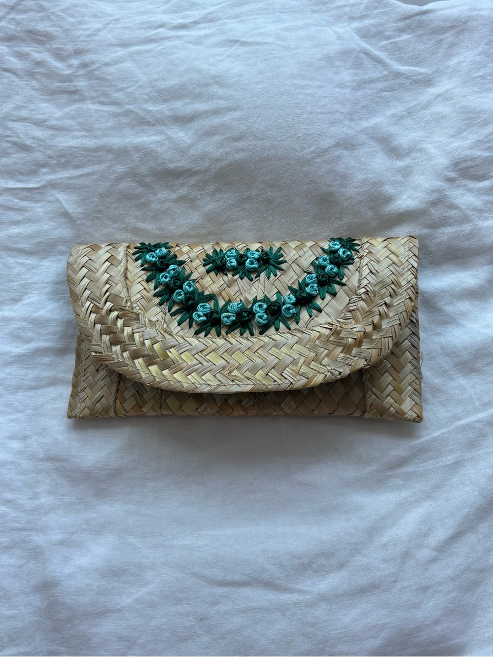 Vintage Woven Clutch with Teal Flower Embroidery